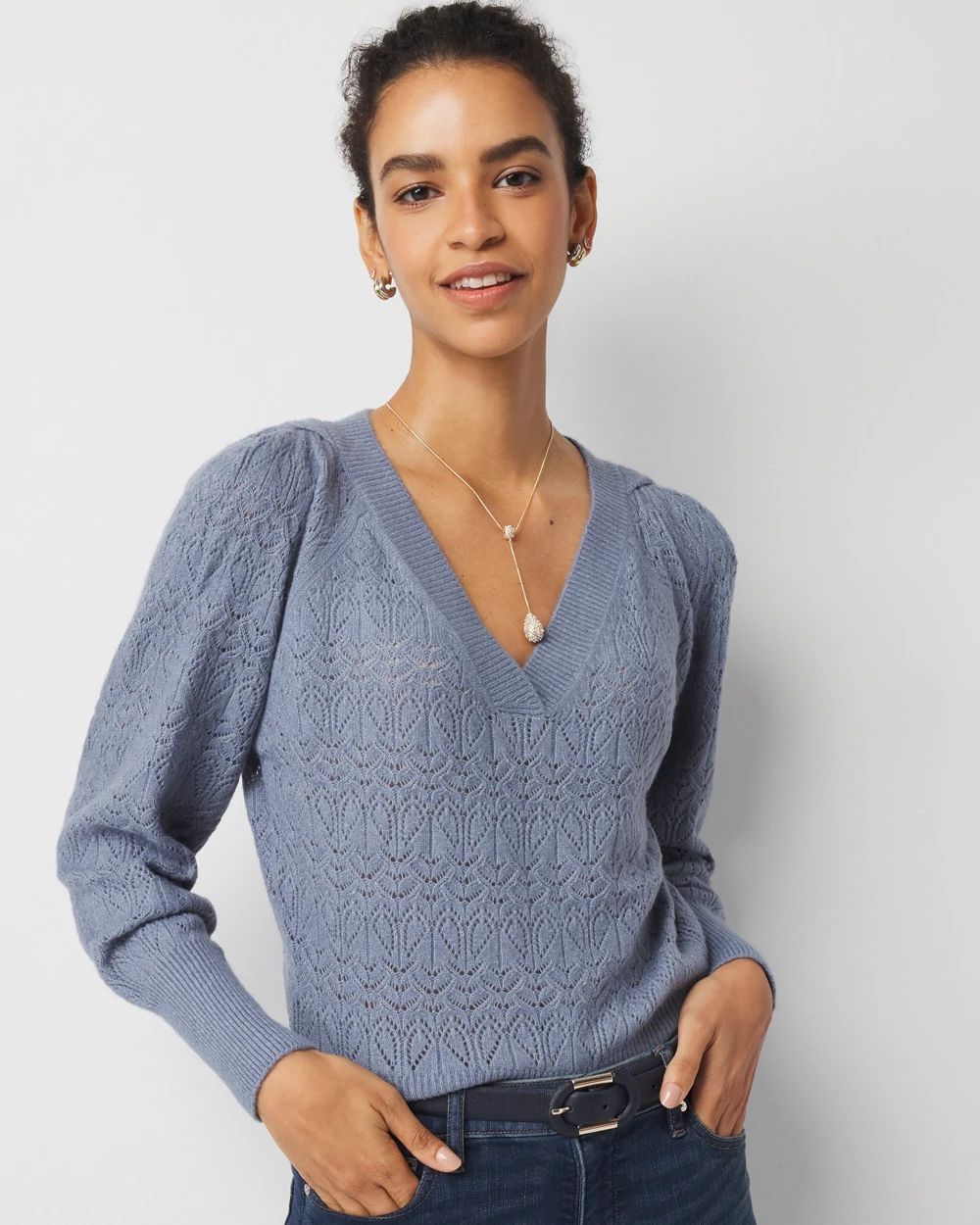 Pleated Shoulder Pointelle Sweater | White House Black Market